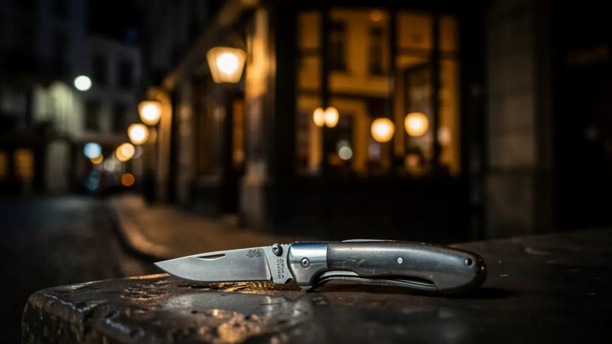 Close-up of a pocket knife with a blurred background of a dimly lit street outside a pub at night.