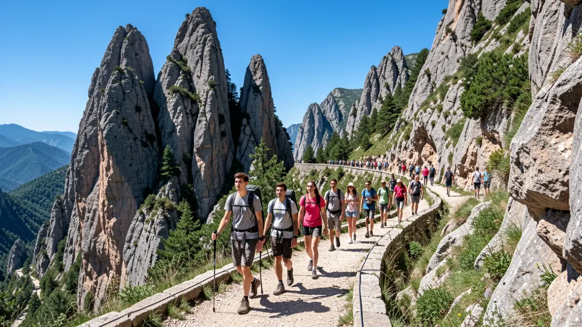 Jóvenes disfrutando de una ruta de senderismo en un paraje natural impresionante.