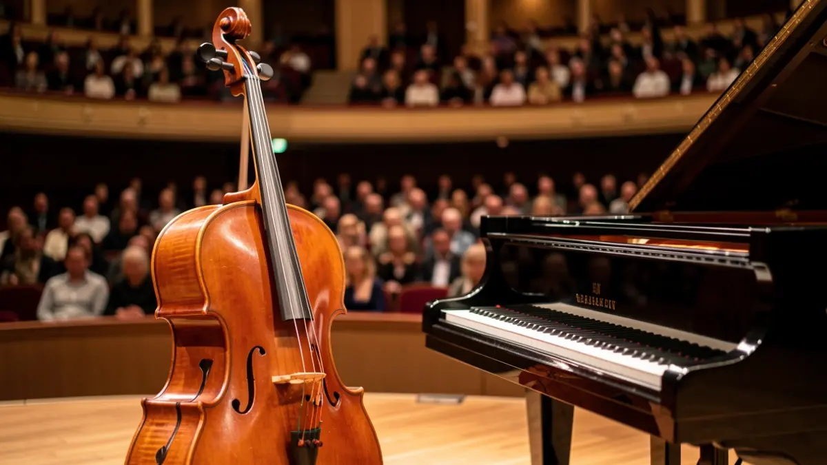 Imagen genérica de un violonchelo y un piano en un escenario de concierto.