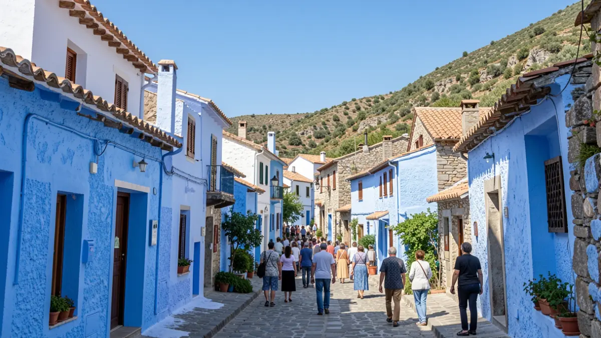 Vista de las casas pintadas de azul en el municipio de Júzcar, en la Serranía de Ronda.