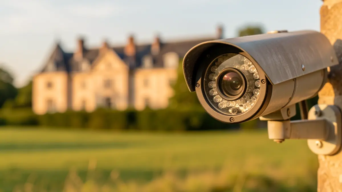 Close-up of a security camera lens with a blurred background of a large rural estate.