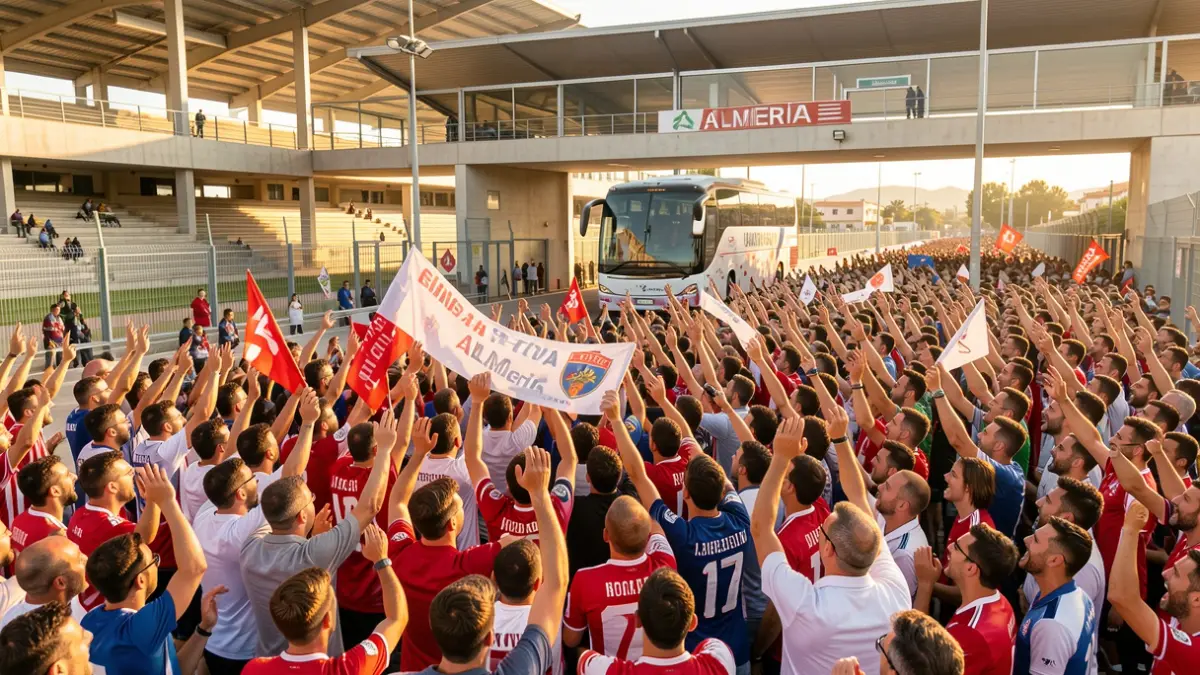 Generic image of Almería fans receiving the team bus before an important match.
