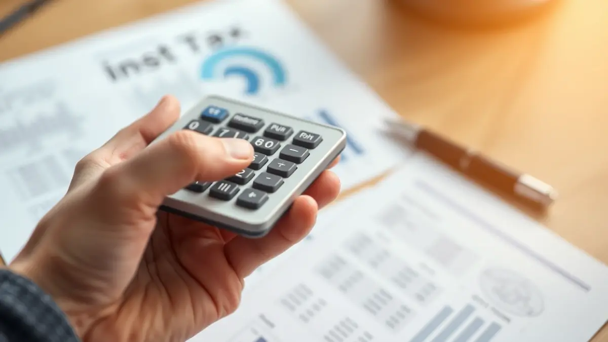 Generic image of a hand using a calculator with blurred financial documents in the background.