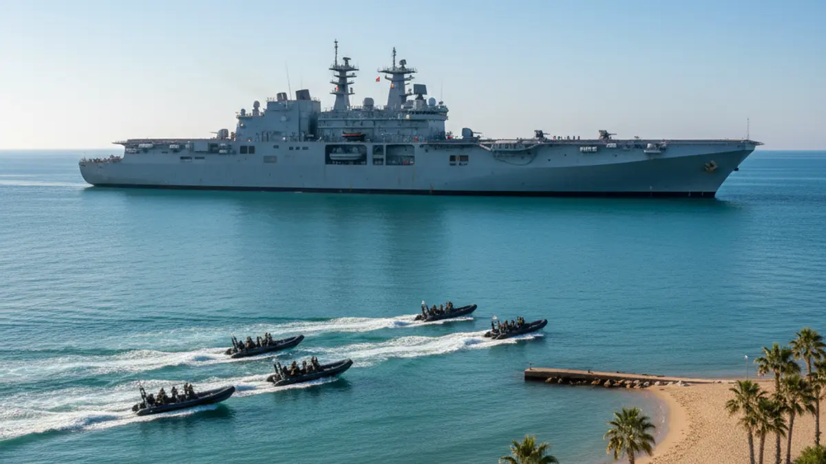 Imagen de un buque militar, el Juan Carlos I, en la costa de Barbate durante un ejercicio de la Armada.