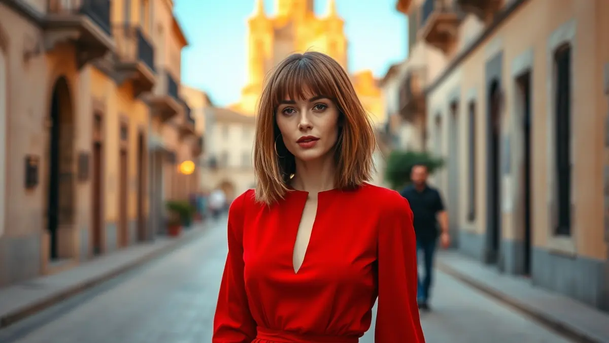 Image of a woman in a red dress and long bob haircut on a street in Seville.