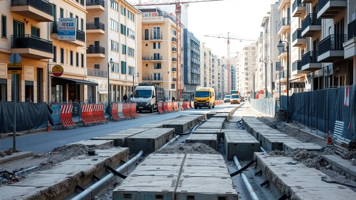 Imagen de una avenida en obras con zanjas y maquinaria de construcción.
