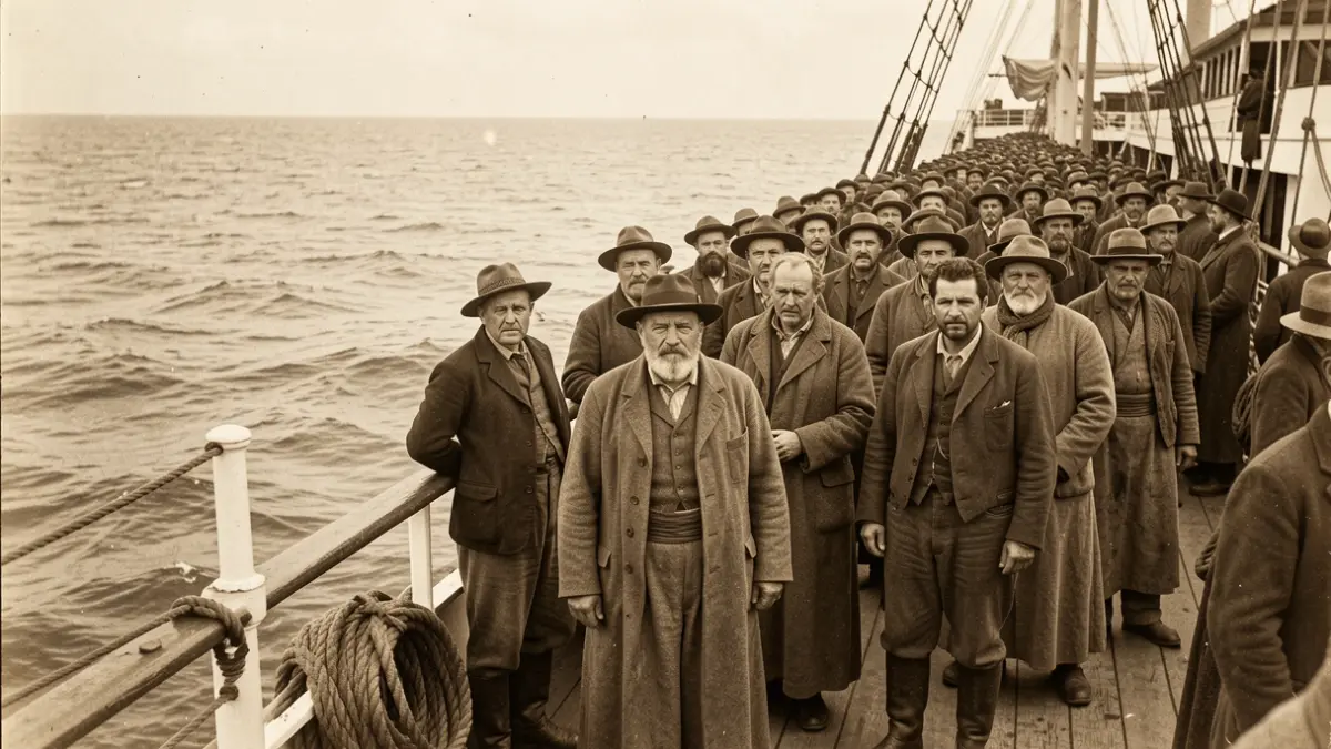 Vintage sepia photograph of Spanish farmers on a ship's deck during a long sea voyage, with the ocean in the background.