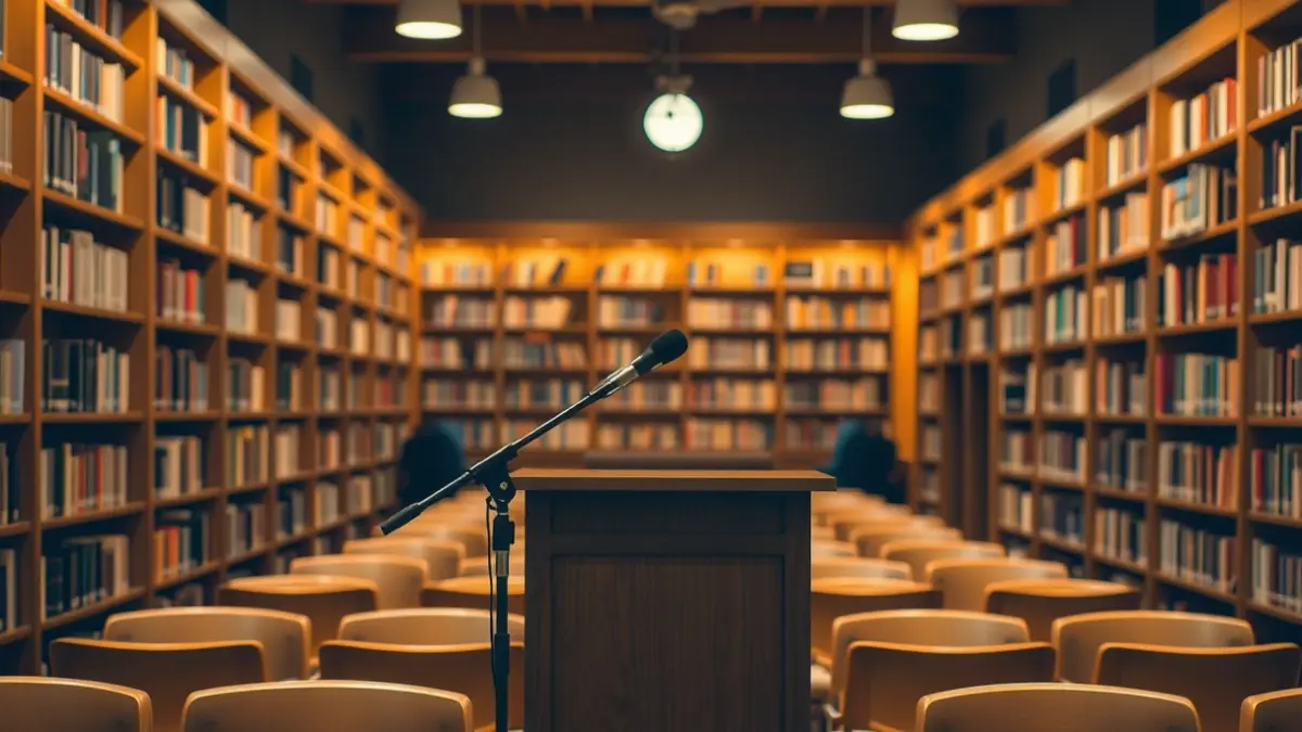 Imagen genérica de un auditorio o sala de conferencias con un micrófono en un podio.