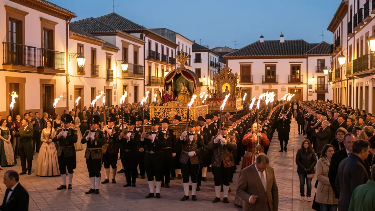 Procesión religiosa en una plaza de Córdoba con banda de música y arquitectura tradicional.