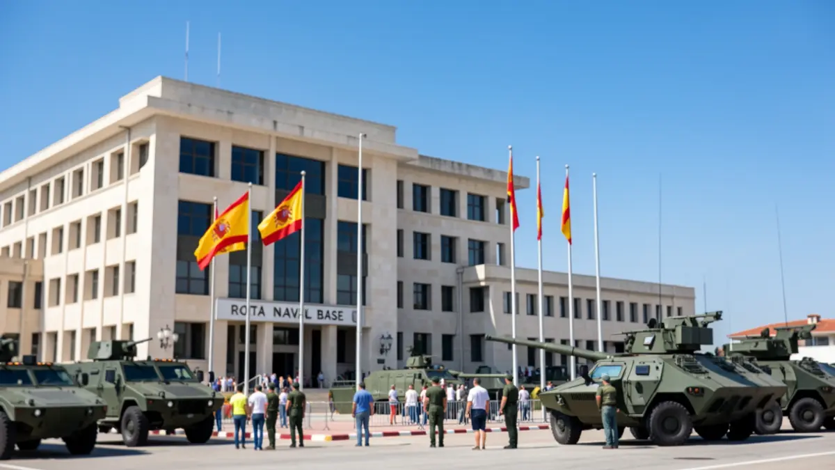 Facade of the Rota Naval Base with Spanish flags and military vehicles.