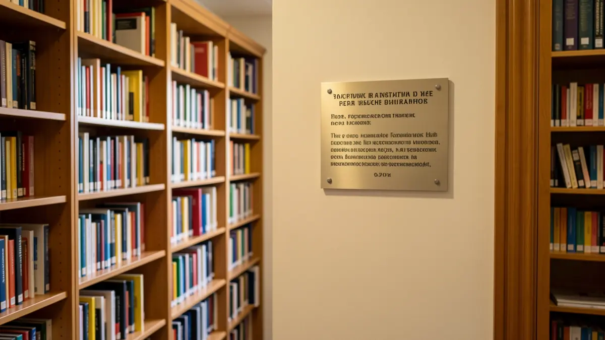 Imagen genérica de una biblioteca hospitalaria con una placa conmemorativa.