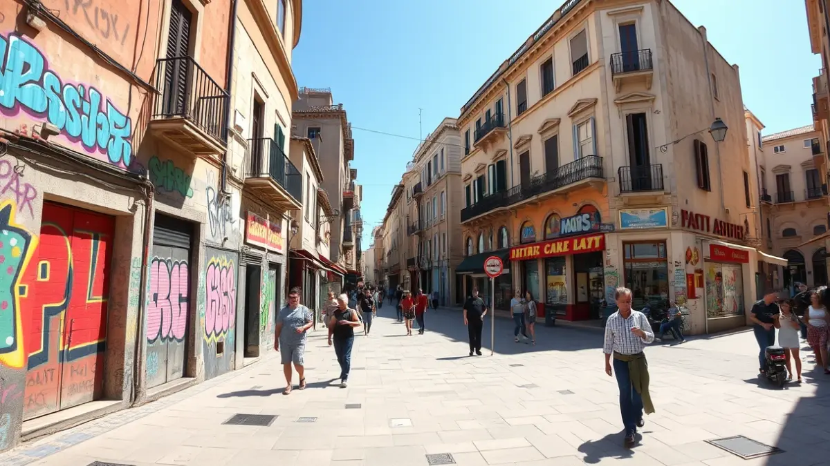 Image of an urban street with graffiti and people, reflecting the transformation of a neighborhood.