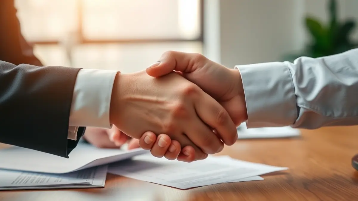 Generic image of a handshake between two people in an office setting, symbolizing a business collaboration.