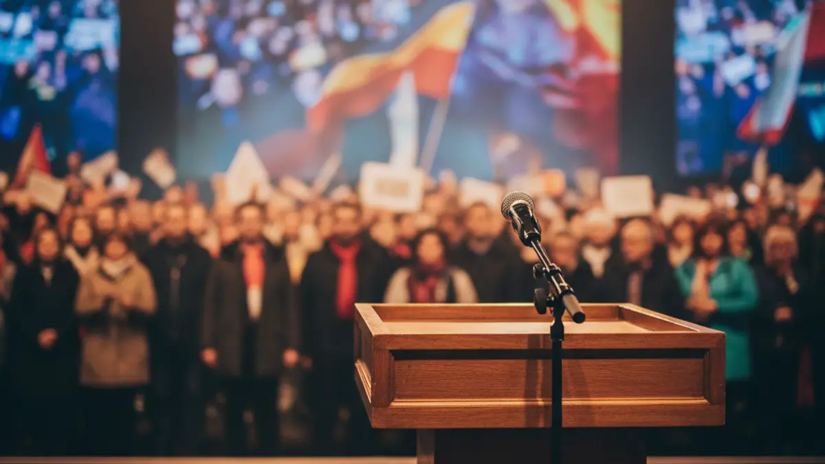 Generic image of a microphone on a podium during a political rally.