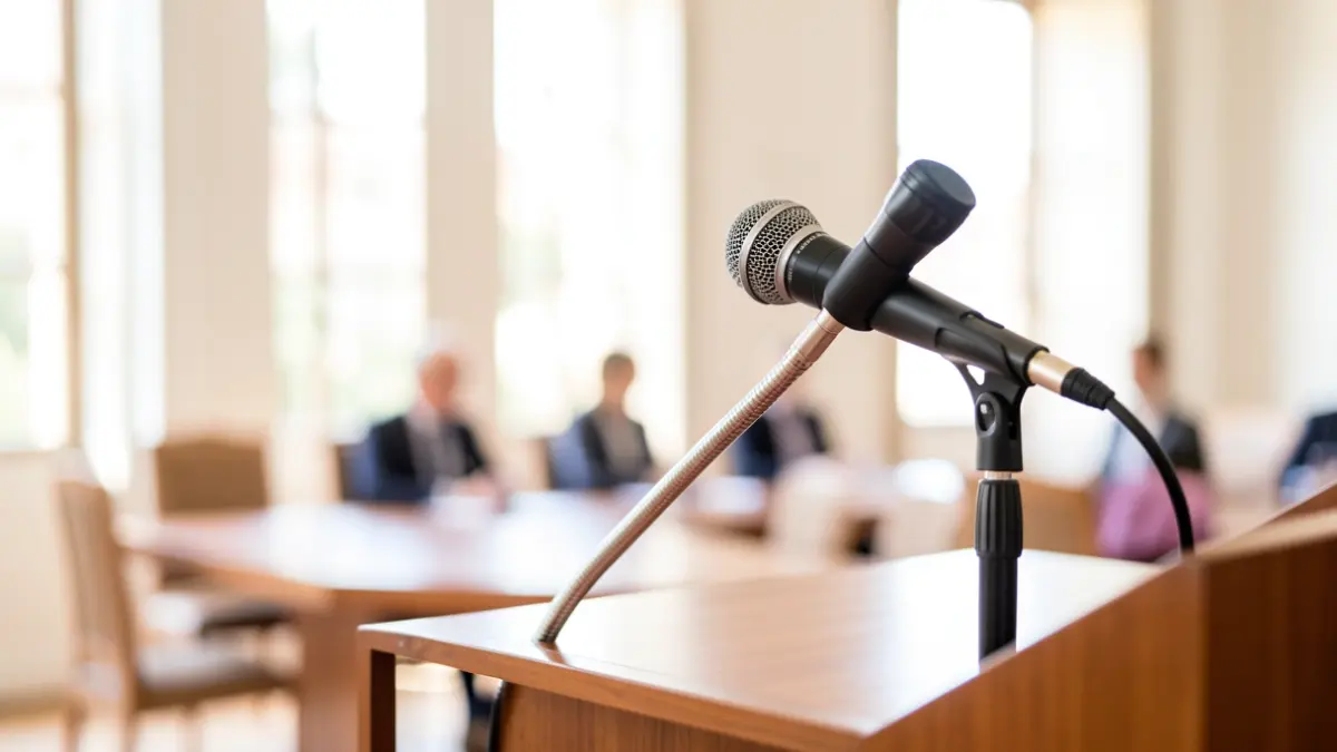 Generic image of a podium with a microphone in an institutional setting.