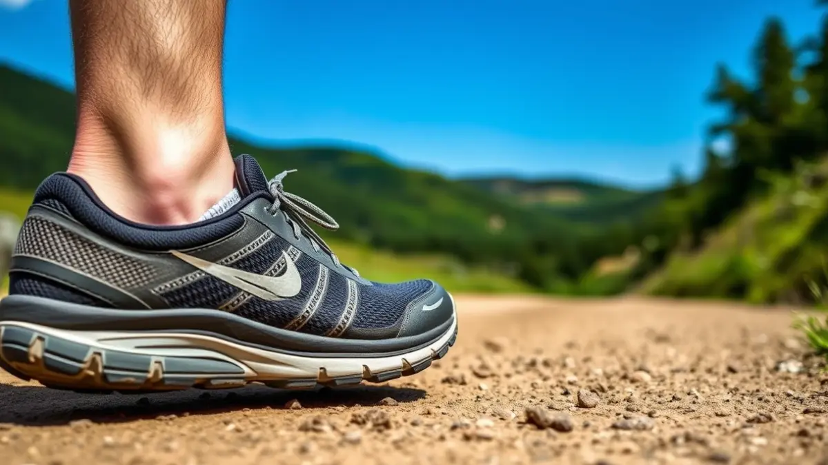 Imagen genérica de una zapatilla de correr en un sendero de tierra, con un paisaje natural de fondo.