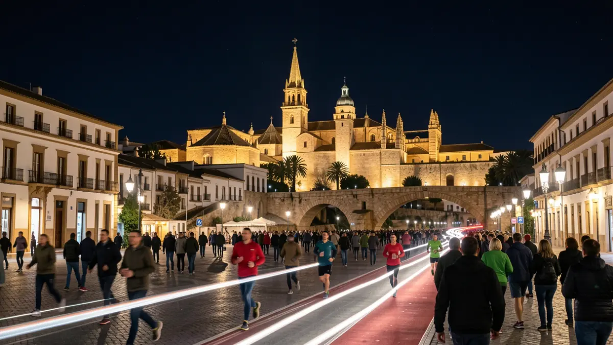 Imagen nocturna del centro histórico de Córdoba con monumentos iluminados y corredores.