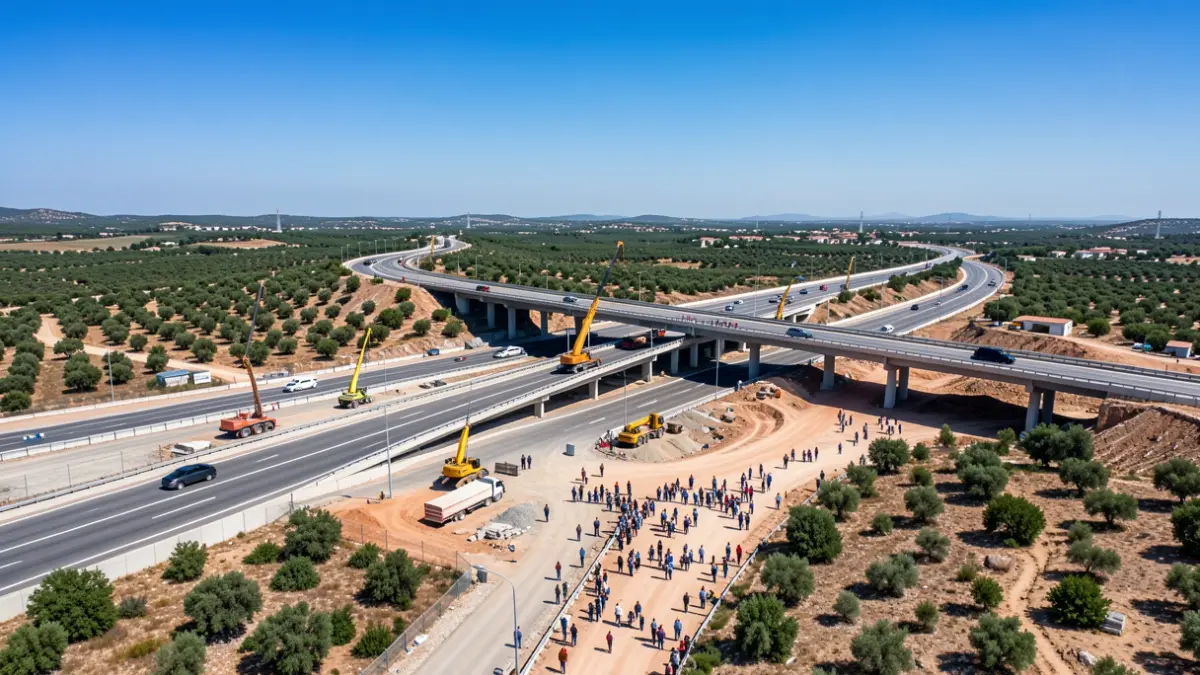 Aerial view of a highway interchange under construction in Algeciras.