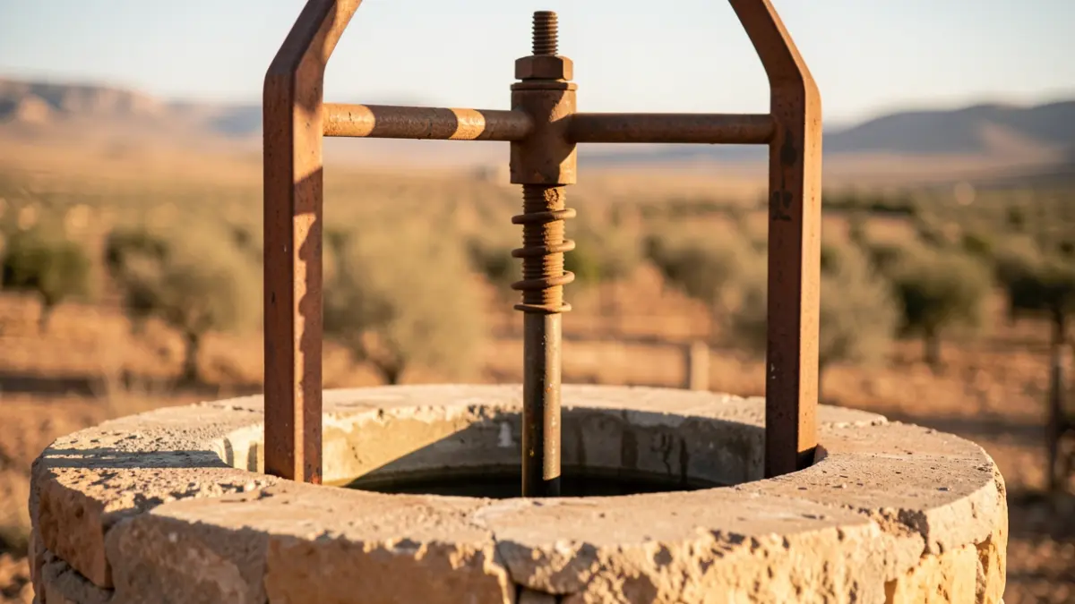 Close-up of a water well with an arid landscape in the background, symbolizing water scarcity and legal disputes in Andalucía.