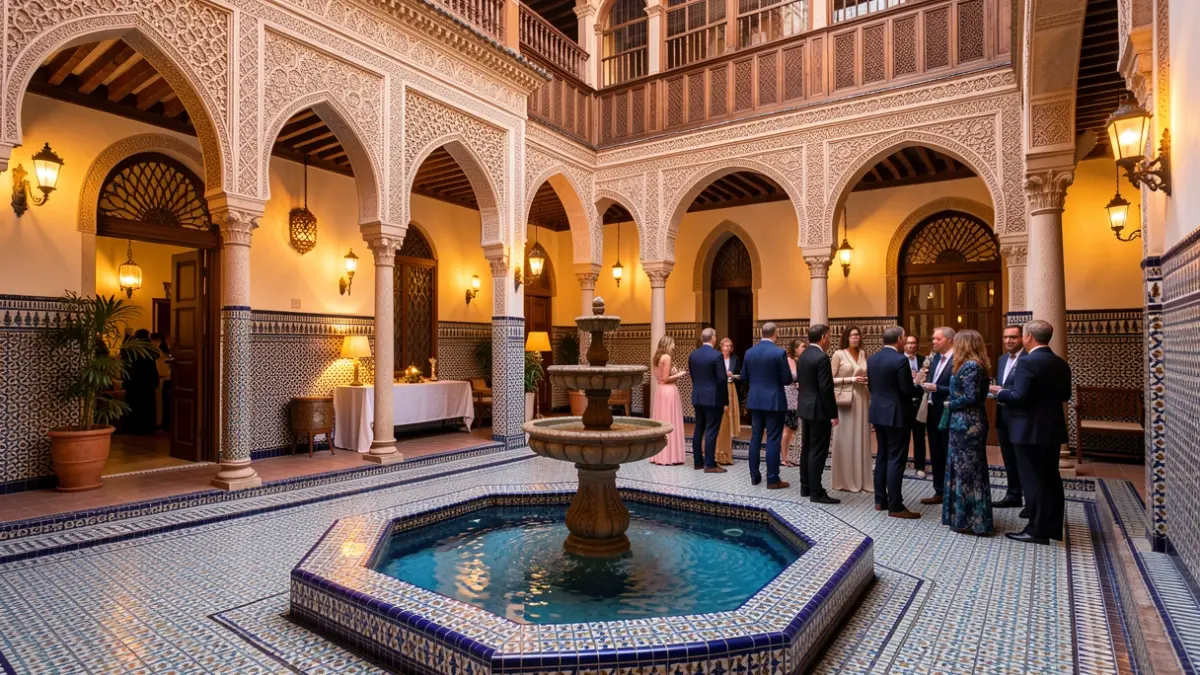 Generic image of the interior of an Andalusian palace decorated for the Córdoba Fair, featuring a courtyard and fountain.