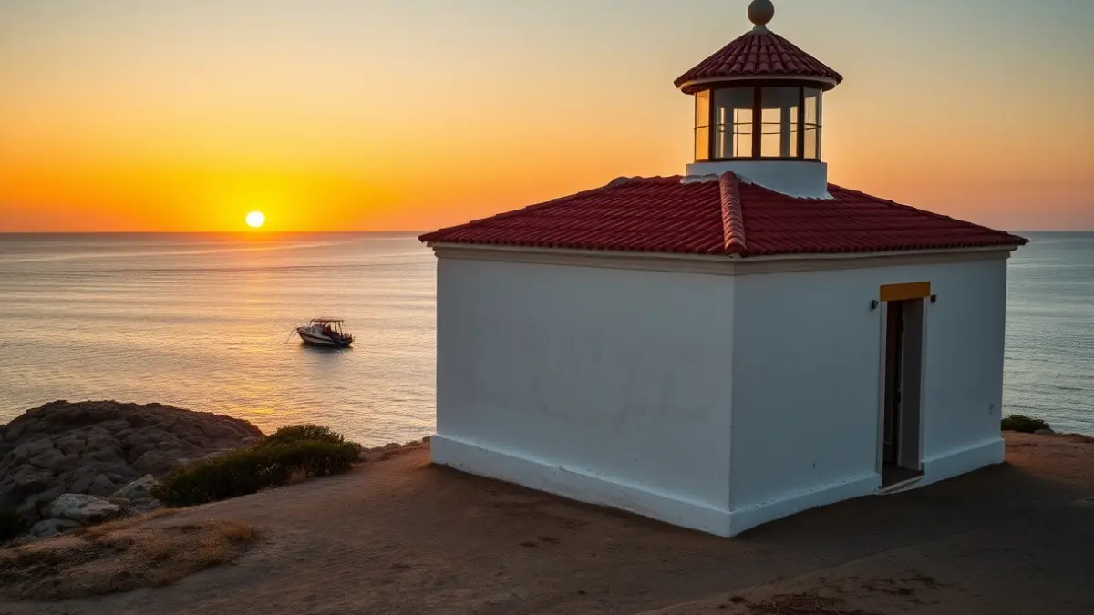 Imagen de la Casa del Farero de Chiclana al atardecer, con el mar de fondo.