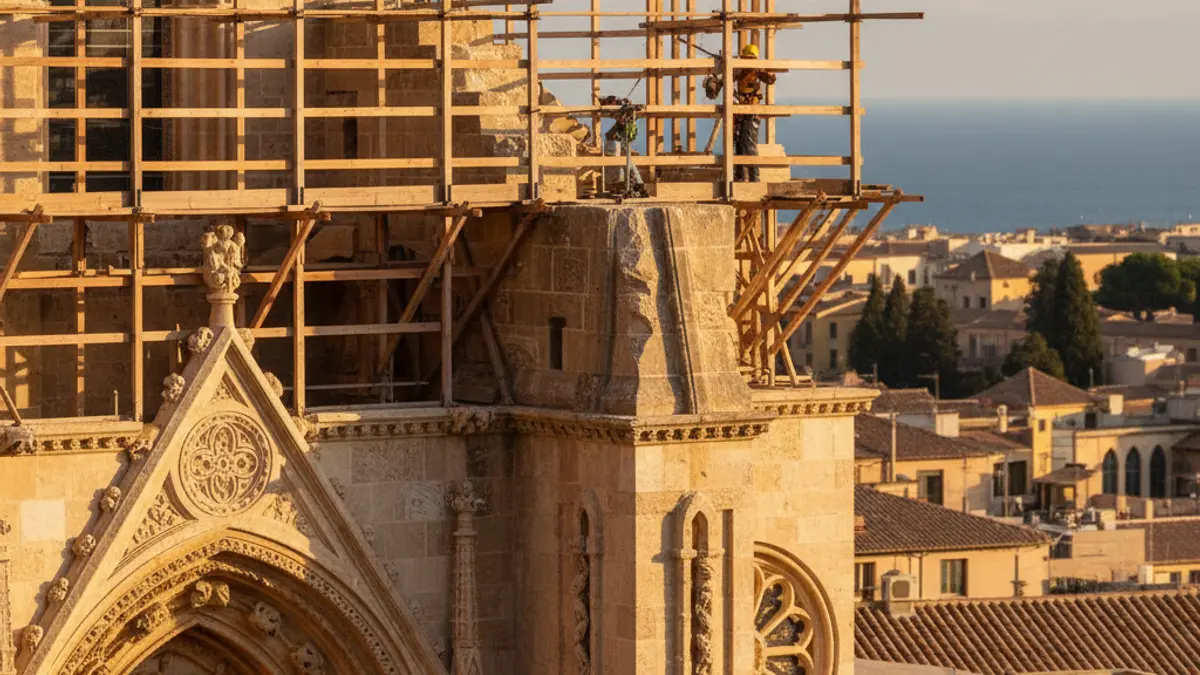Construction of the main facade pediment of Malaga Cathedral
