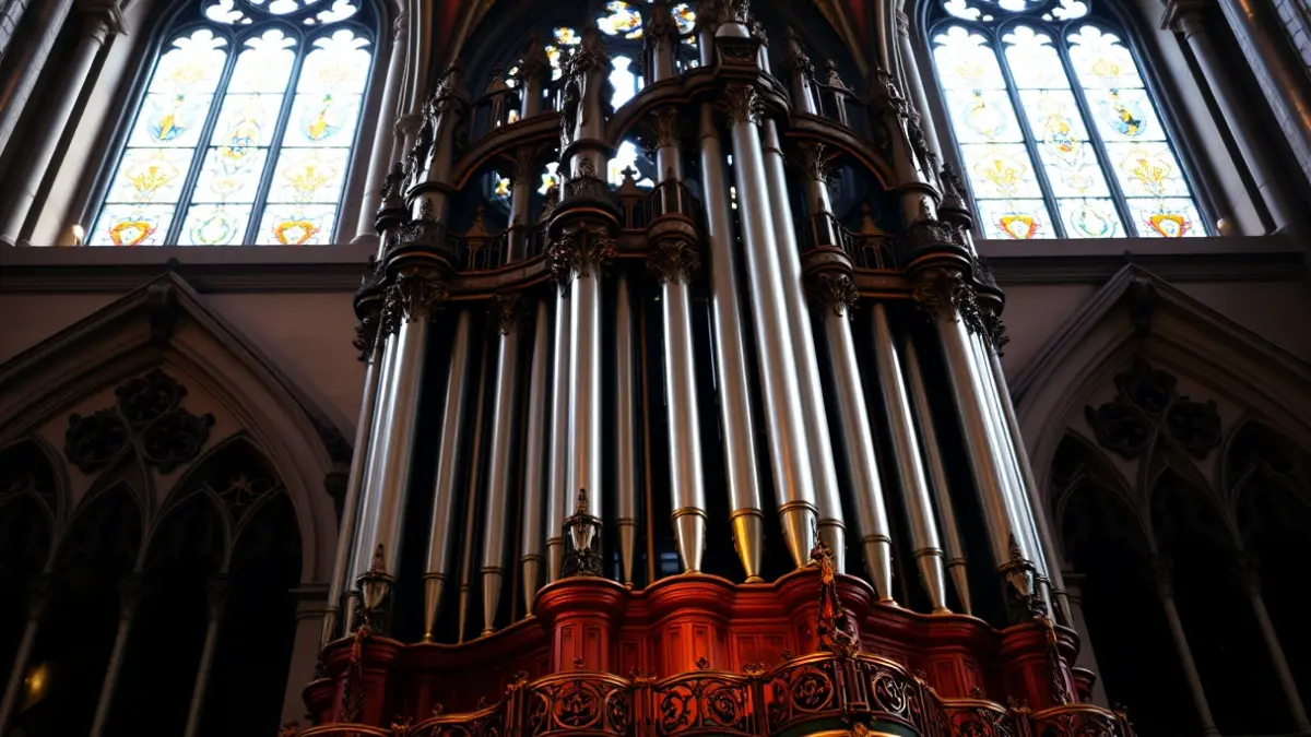 Image of organ pipes inside a cathedral, with warm light.