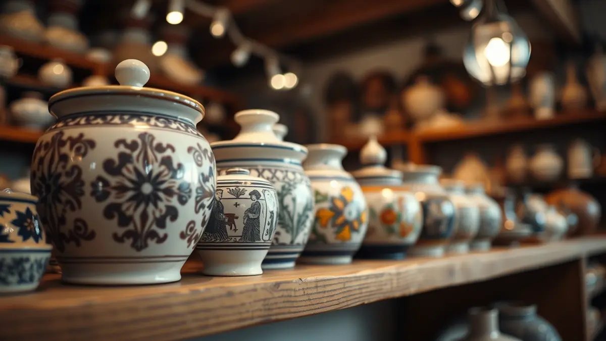 Piezas de cerámica tradicional de Úbeda expuestas en una tienda de museo.