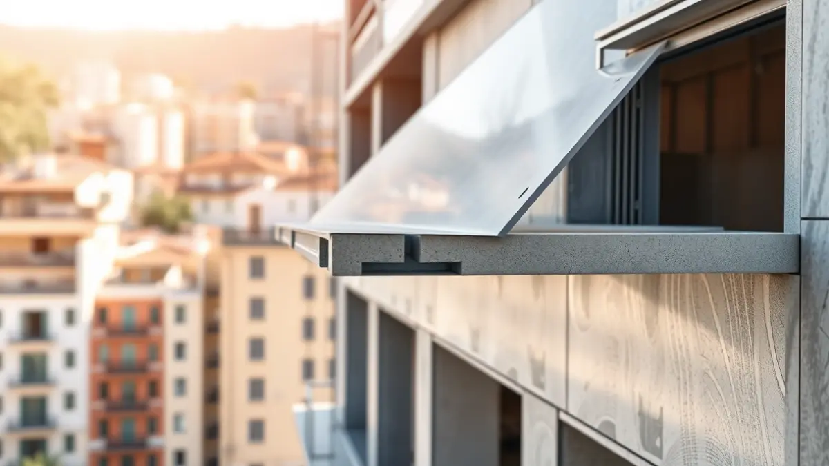 Image of a lightweight facade panel being installed on a building under construction.