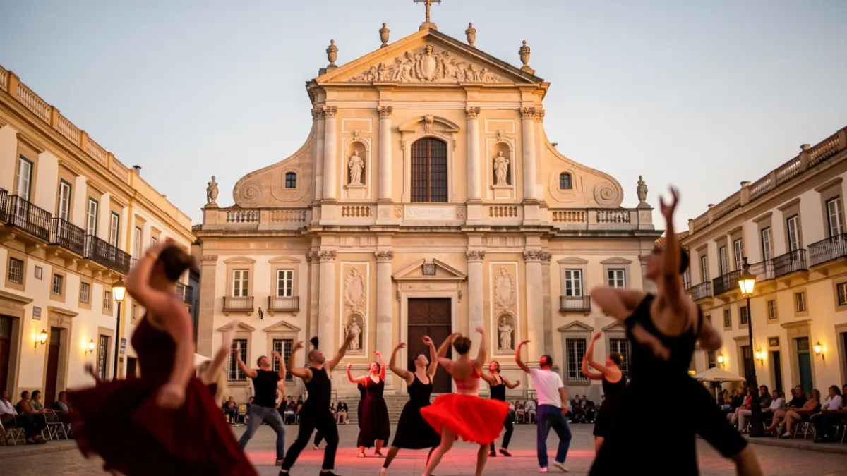 Imagen del Oratorio de San Felipe Neri en Cádiz con bailarines actuando en el exterior.