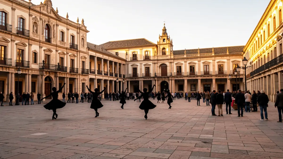 Monumental plaza in Úbeda with Renaissance architecture and dancer silhouettes.