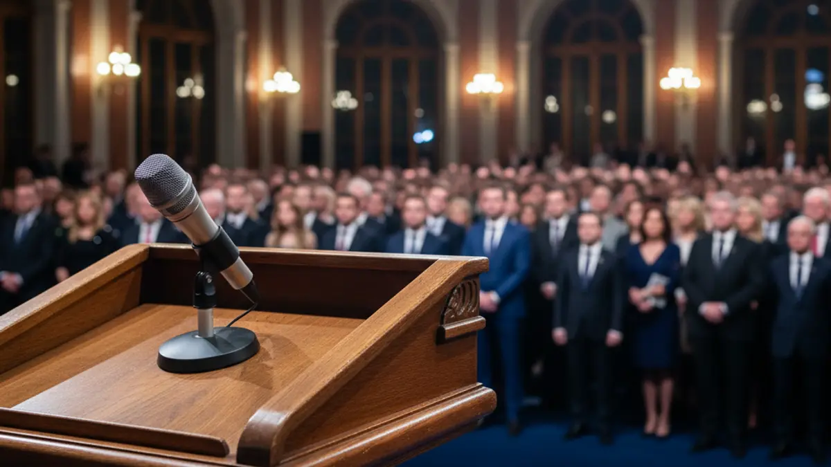 Generic image of a microphone on a podium during a public event.