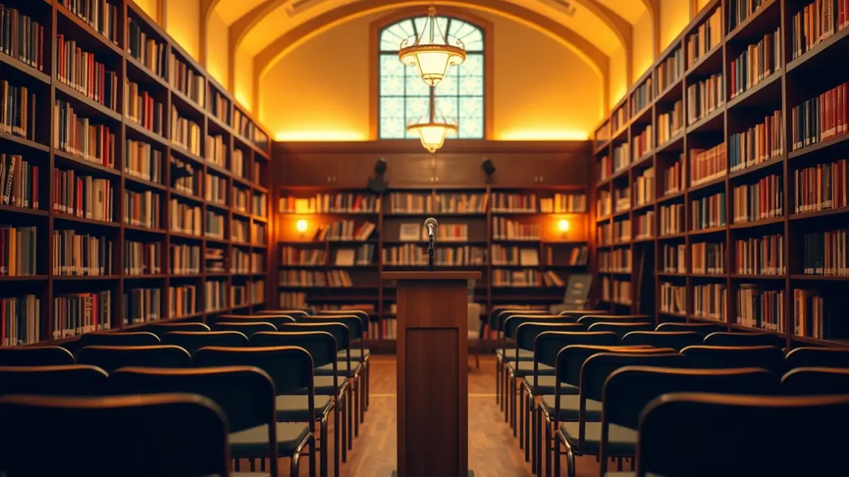 Generic image of a cultural presentation space with a microphone and empty chairs.
