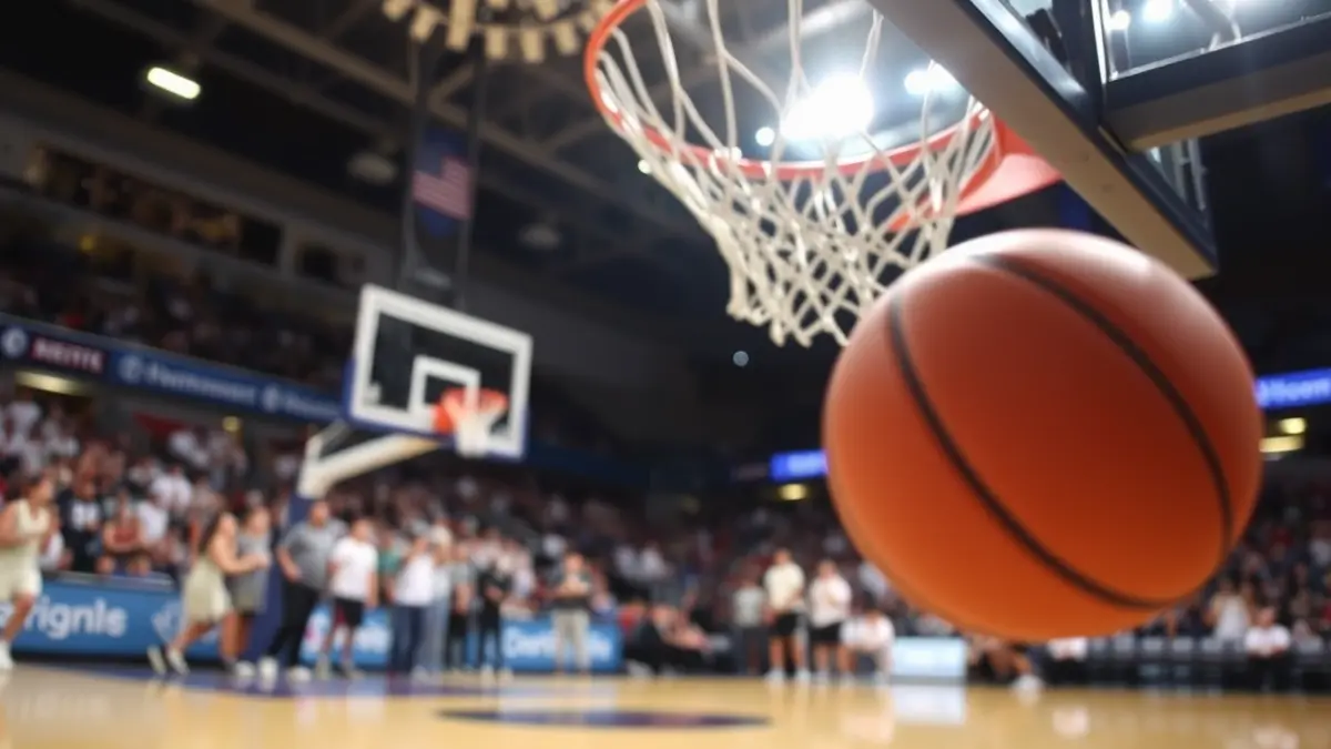 Generic image of a basketball court with a net and a ball, with a celebratory atmosphere.