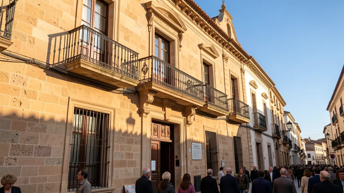 Fachada de un ayuntamiento andaluz con balcón ornamentado y barandillas de hierro, luz cálida de la tarde.
