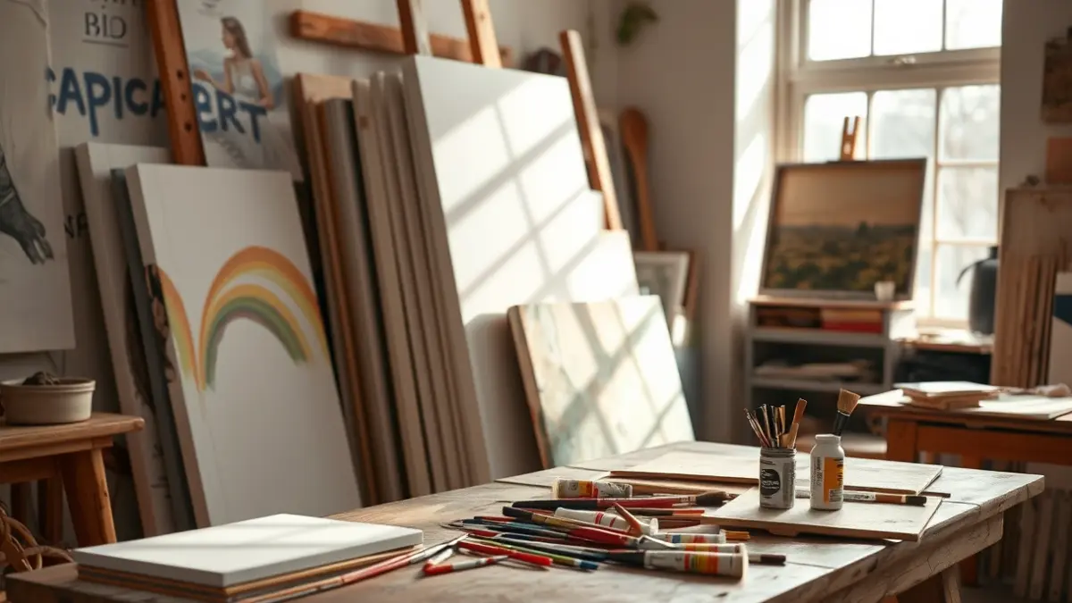 Generic image of a painting studio with canvases and art supplies.