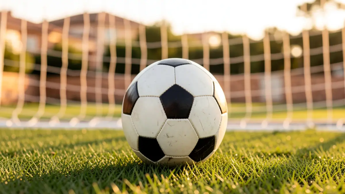 Imagen genérica de un balón de fútbol sobre césped con una portería desenfocada al atardecer.