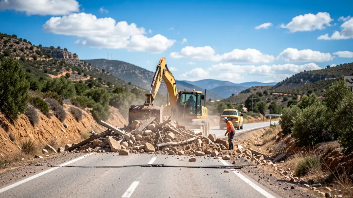 Image of road repair work on a mountain road in the Serranía de Ronda, Málaga.