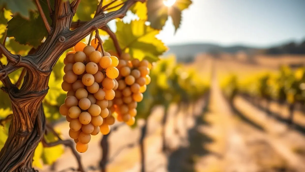 Imagen de un viñedo andaluz bajo el sol, con uvas maduras en primer plano.