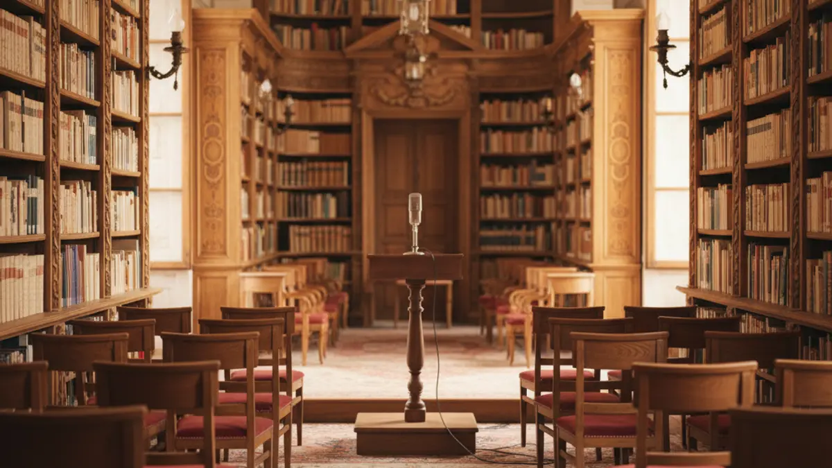 Imagen genérica de un interior de biblioteca o sala de conferencias con un podio y sillas.