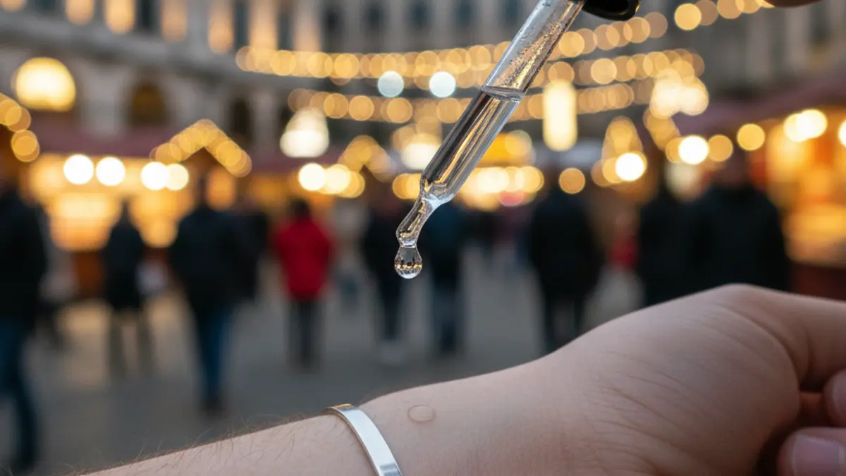 Imagen de una pulsera para detectar drogas en bebidas, con un fondo festivo borroso.