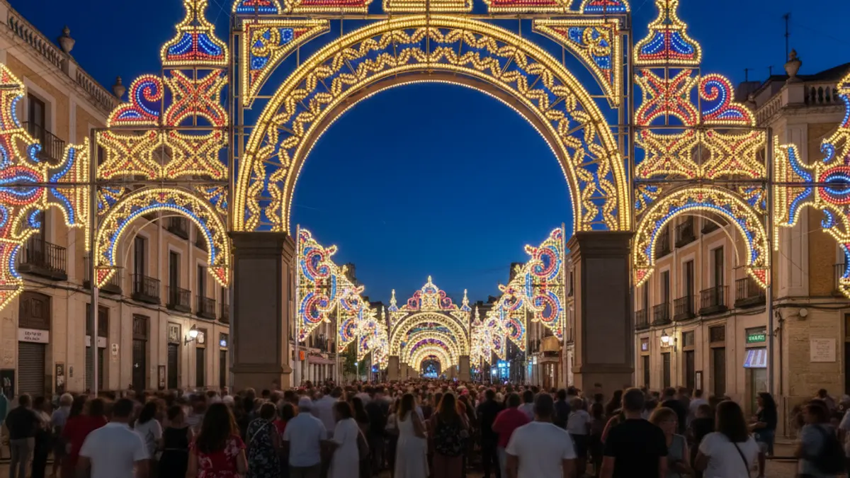 Image of the illuminated entrance of the Córdoba Fair.