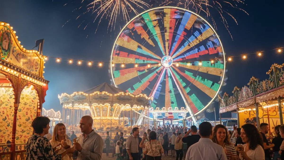 Image of fireworks over a night fair.