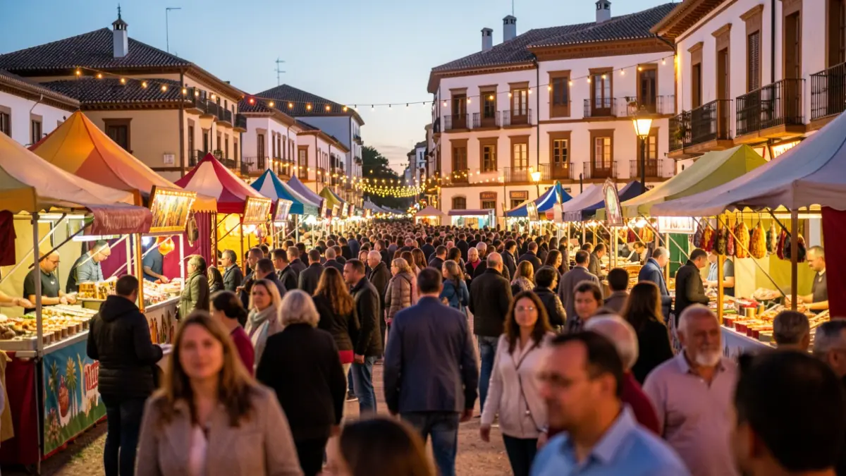 Imagen genérica de una feria andaluza al atardecer con luces y gente.