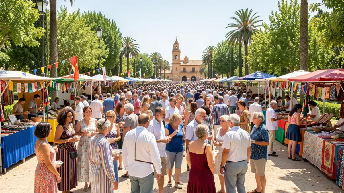 Generic image of an intercultural festival in an Andalusian park with stalls and diverse people.
