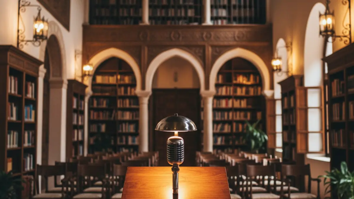 Generic image of a library interior with a podium and chairs, warmly lit.
