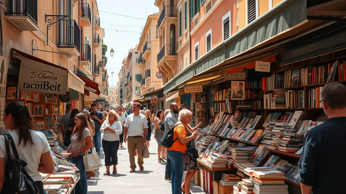 Image of an outdoor book fair on a busy street, with stalls full of books and people strolling.