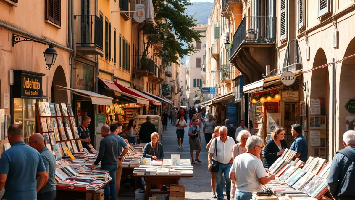 Image of a book fair on a street with stalls and people.