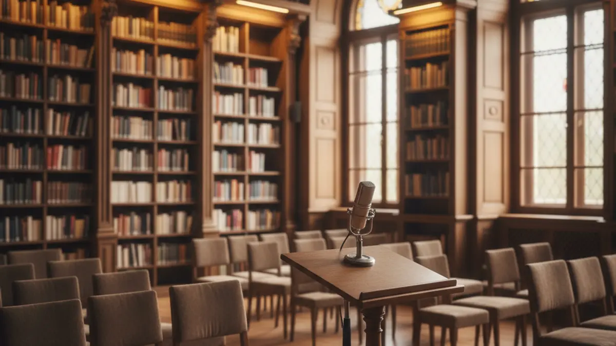 Generic image of a warm-lit library interior with a podium and chairs.