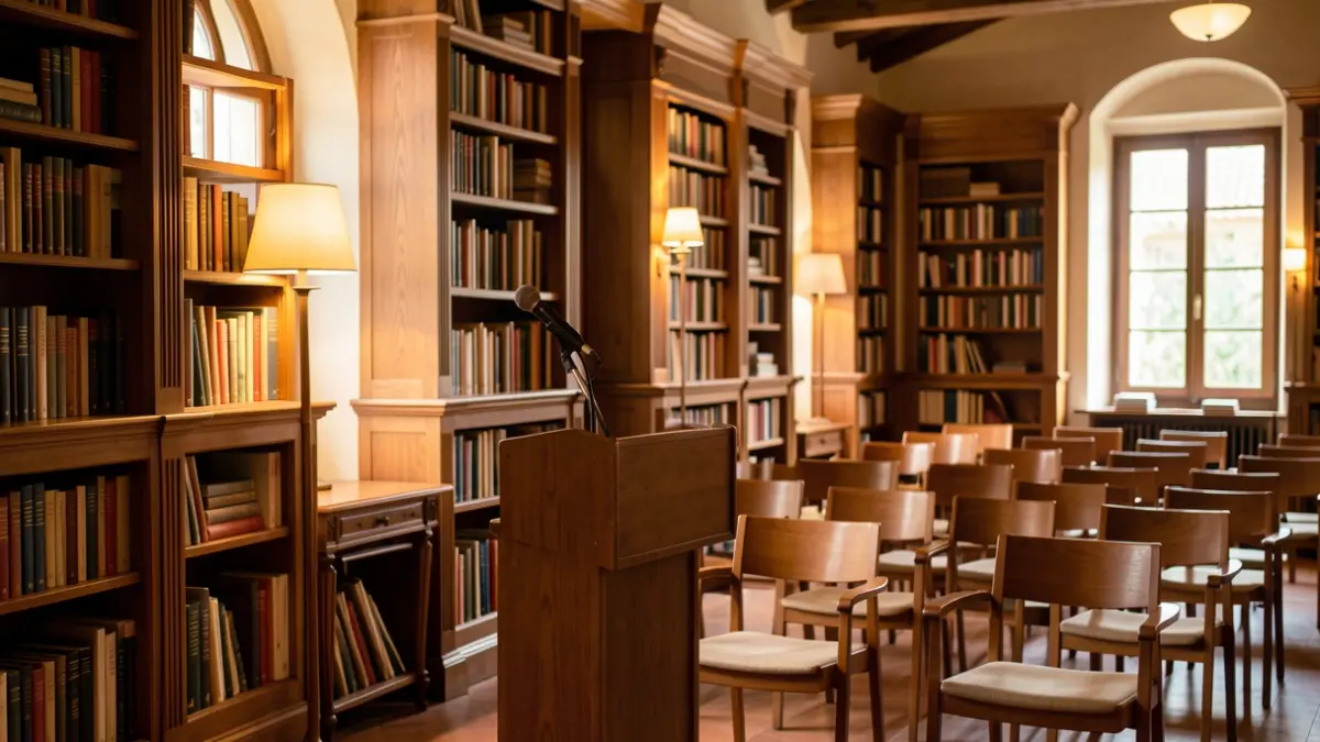 Generic image of a cultural space with bookshelves and a podium for presentations.